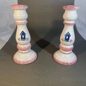 2 Hermitage Pottery 'Spongeware' Taper Candle Holders Country Home 1997 (849)